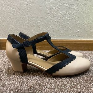 Hotter Viviene Leather T-Strap Shoes - Size 6 - Navy/Beige - Heel